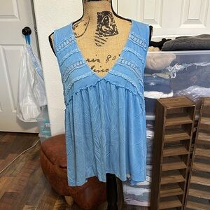 POL Light Blue Lace Trim Sleeveless Blouse